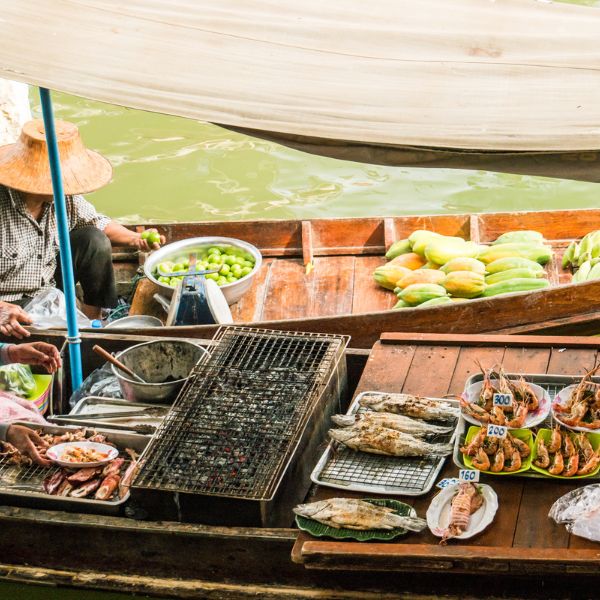 Vietnamese river boats with food